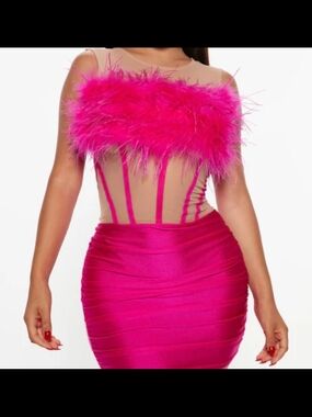 Fashion Nova Neon Pink Feather-Trim Mini Dress